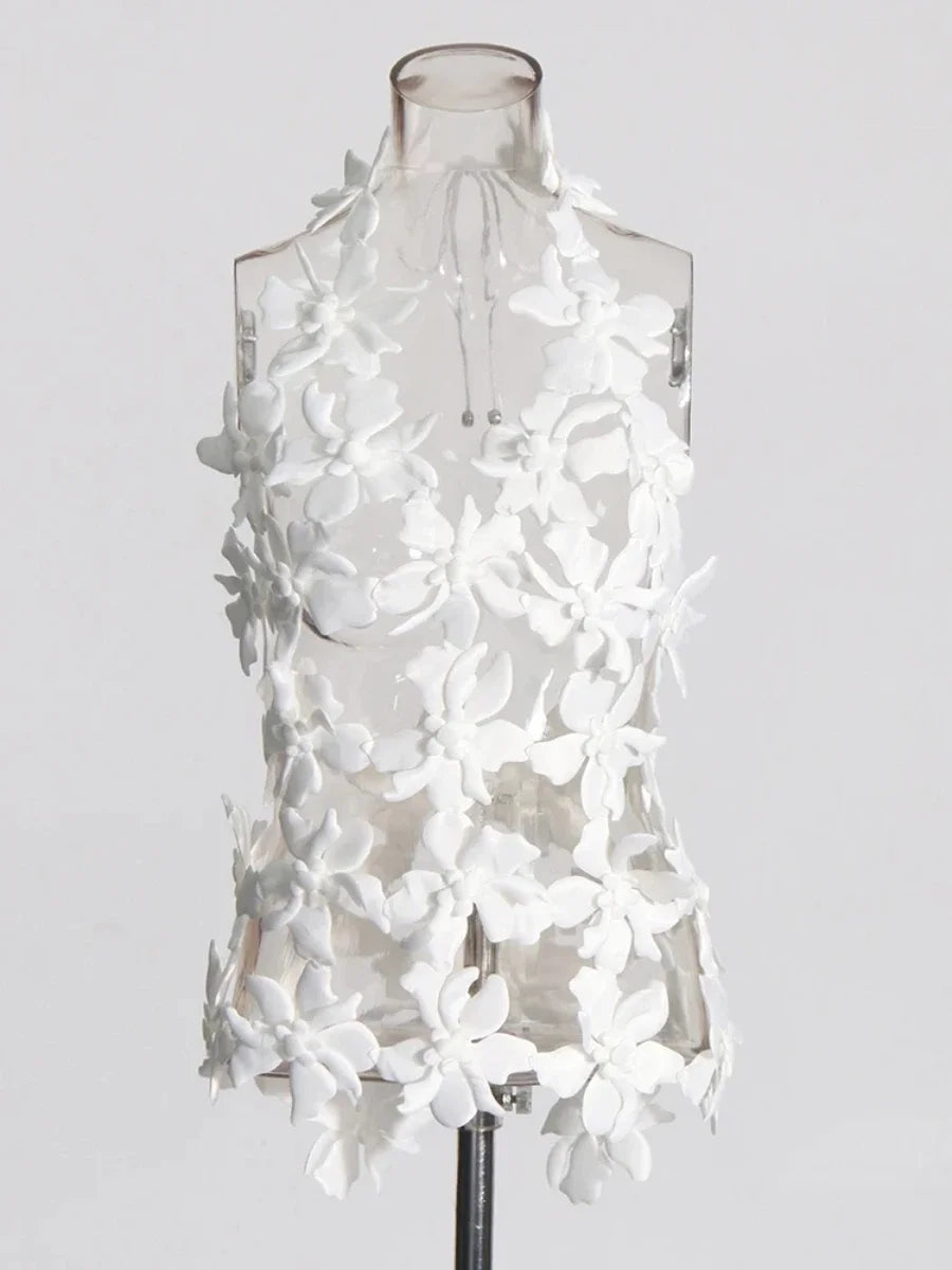 3D Flower Cutout Sexy Vest for Women Halter Sleeveless Backless Off Shoulder Patchwork Lace Up Summer Top Female new
