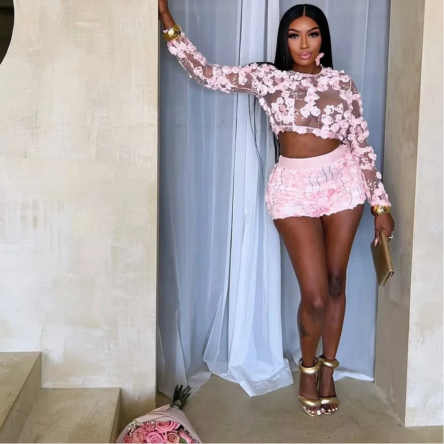Flower Women's Set Mesh See Through Long Sleeve Top and Shorts Suits 2025 Sweet Party Girl Two 2 Piece Sets Outfits