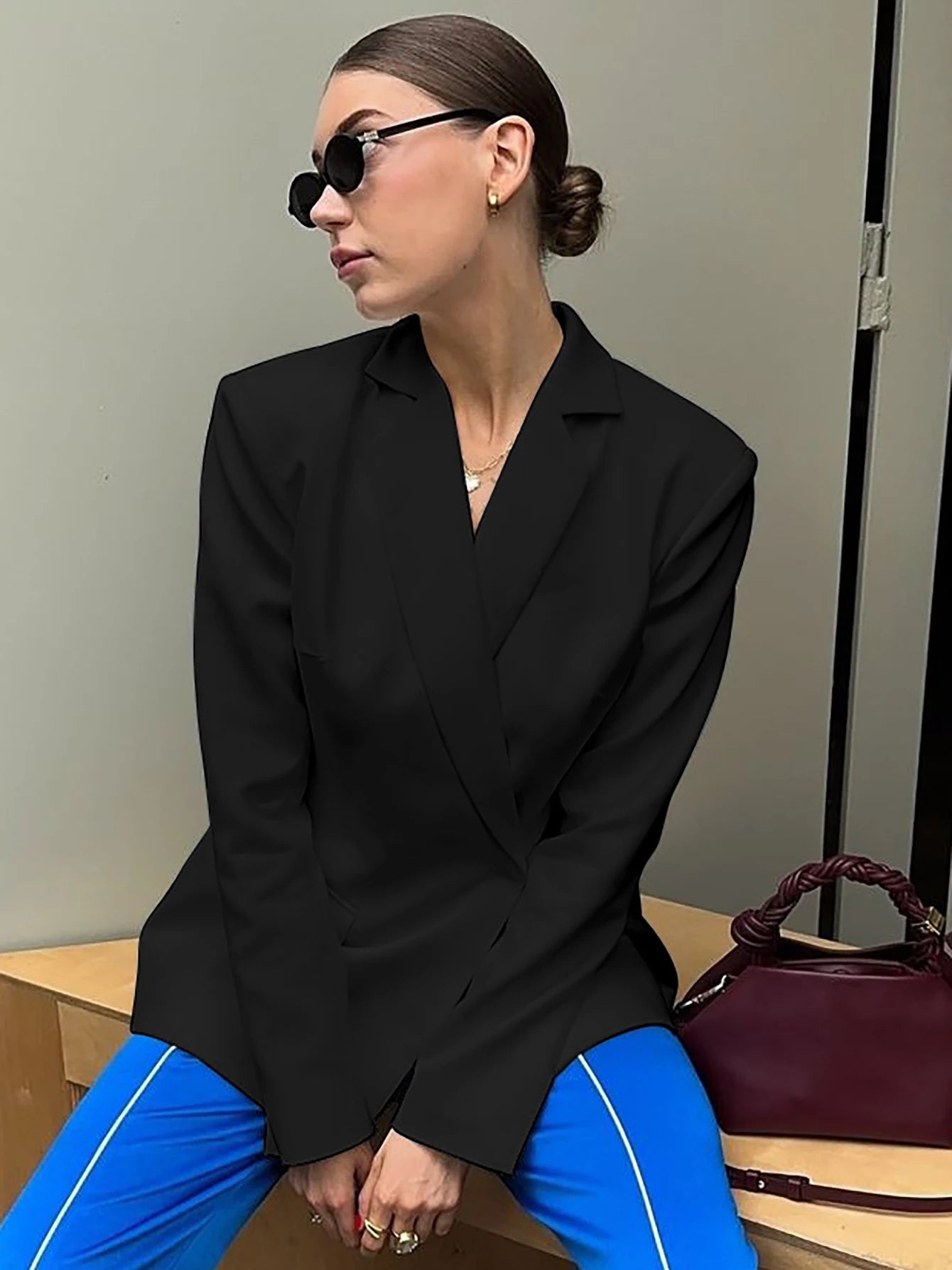 Notched Collar Long Sleeve Button Backless Slip Sexy Oversize Suit Blazer Coat Female Fashion Top Party Vacation