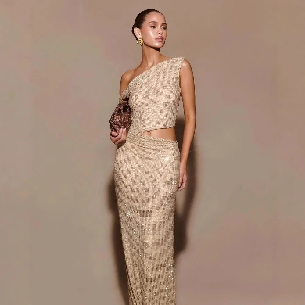 High-End Women's Sleeveless Dress Exposed Waist Diamond Embellished Asymmetrical Shoulder Cross-Border New Style Independent Sta