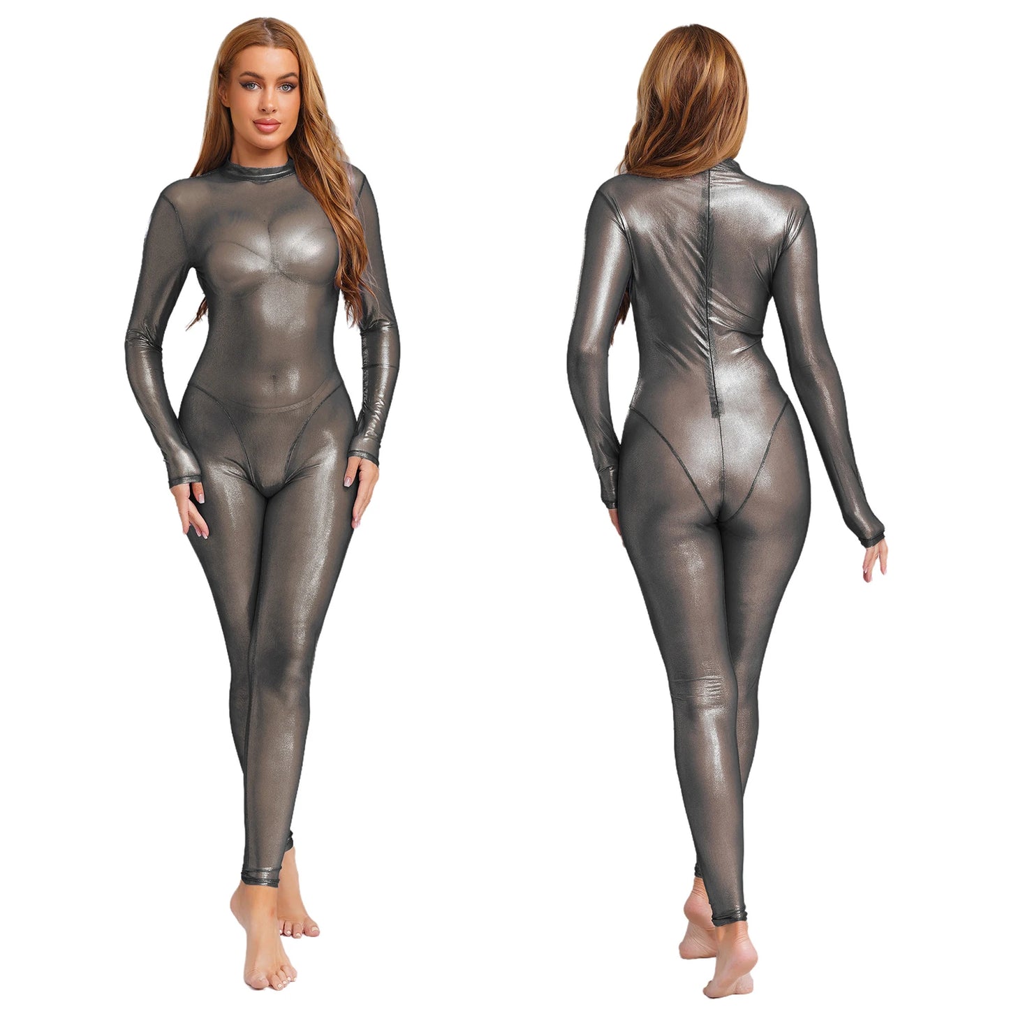 Spoken Dreams: Metallic Shiny Full Body Sheer Jumpsuit