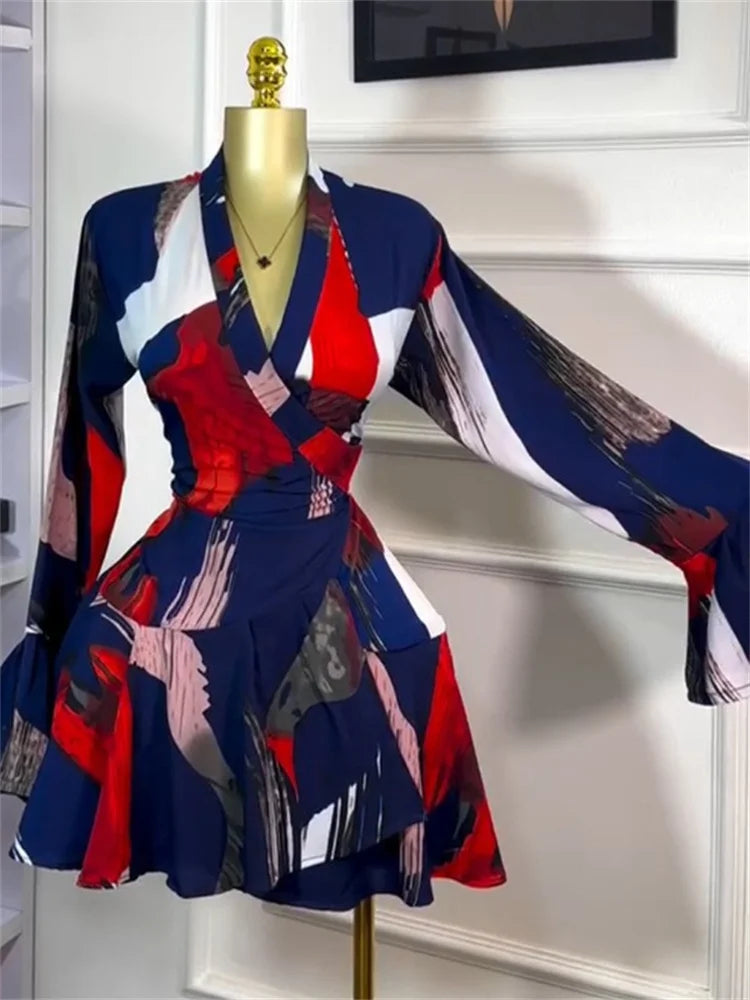 Sweet Printed V Neck Tie Flared Sleeve High Waisted Midi Dress