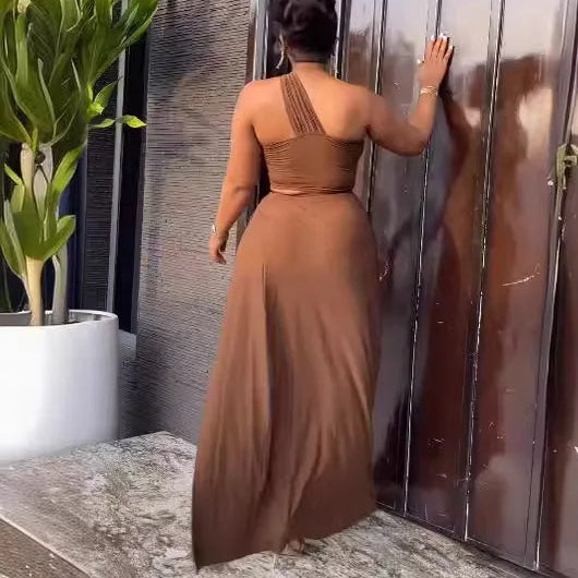 Women's Set Strapless One Shoulder Top + Ruched Split Long Skirts Party Sexy Two 2Piece Sets