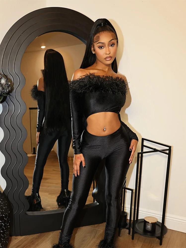 Weird Puss Feather Slash Neck Jumpsuit Women Hollow Chic Sexy Hipster Fashion Skinny Full Sleeve Streetwear Y2K Workout Overalls