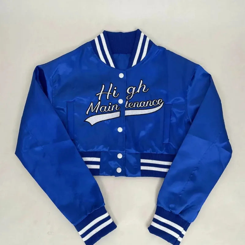 Embroidery Lettered Cropped Varsity Jacket