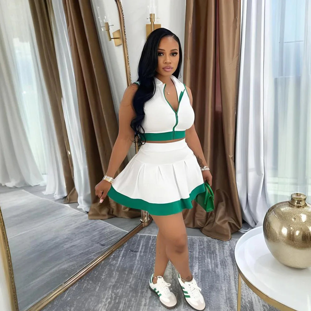 Sleeveless V-neck Vest + Pleated Skirts 2025 Summer Cute Street Beach Two 2 Piece Sets Outfits Tracksuit