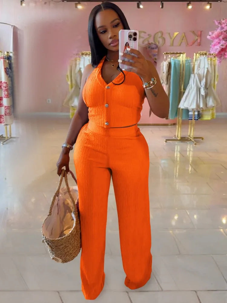 Casual Backless Halter Tie-Front Top and Wide Leg Pants Matching Tracksuits Streetwear S-XXL