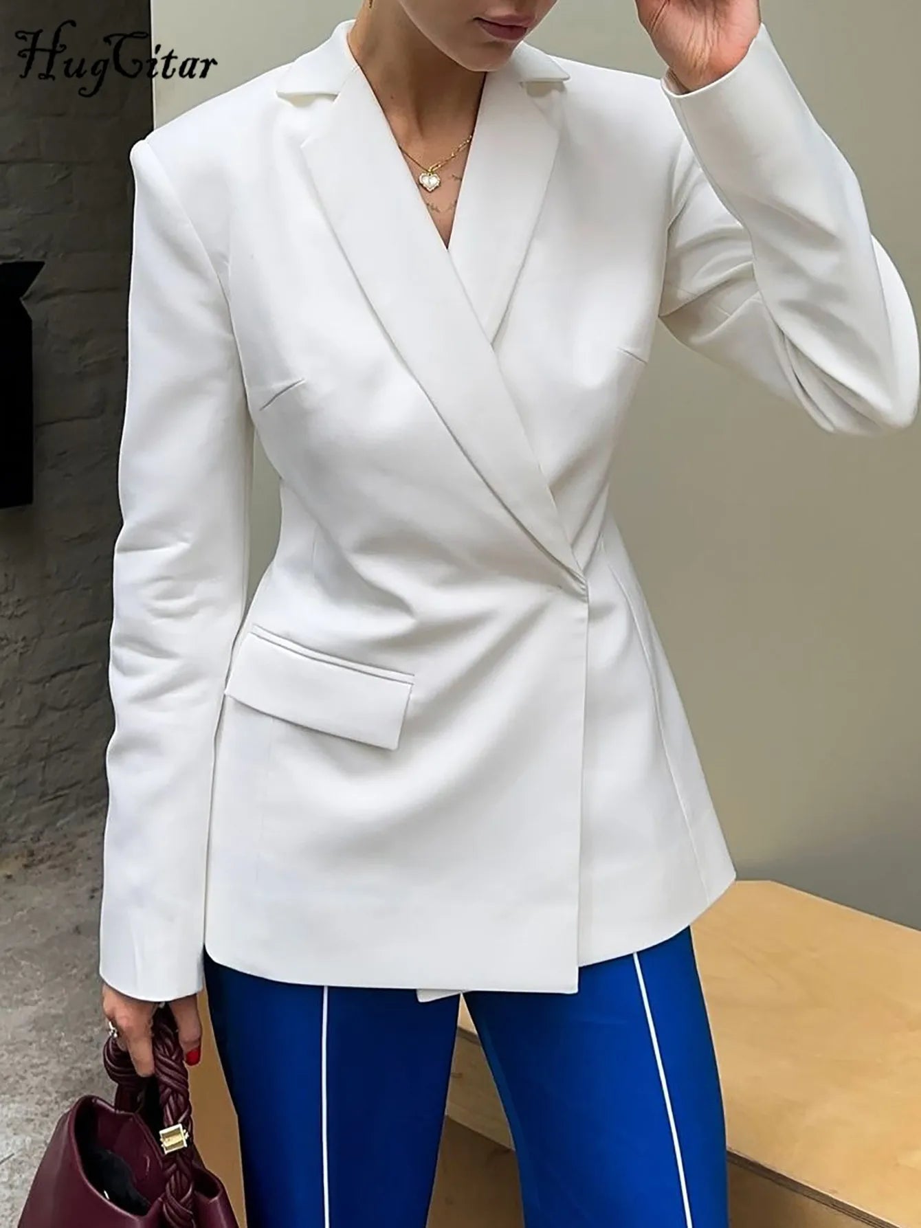 Notched Collar Long Sleeve Button Backless Slip Sexy Oversize Suit Blazer Coat Female Fashion Top Party Vacation
