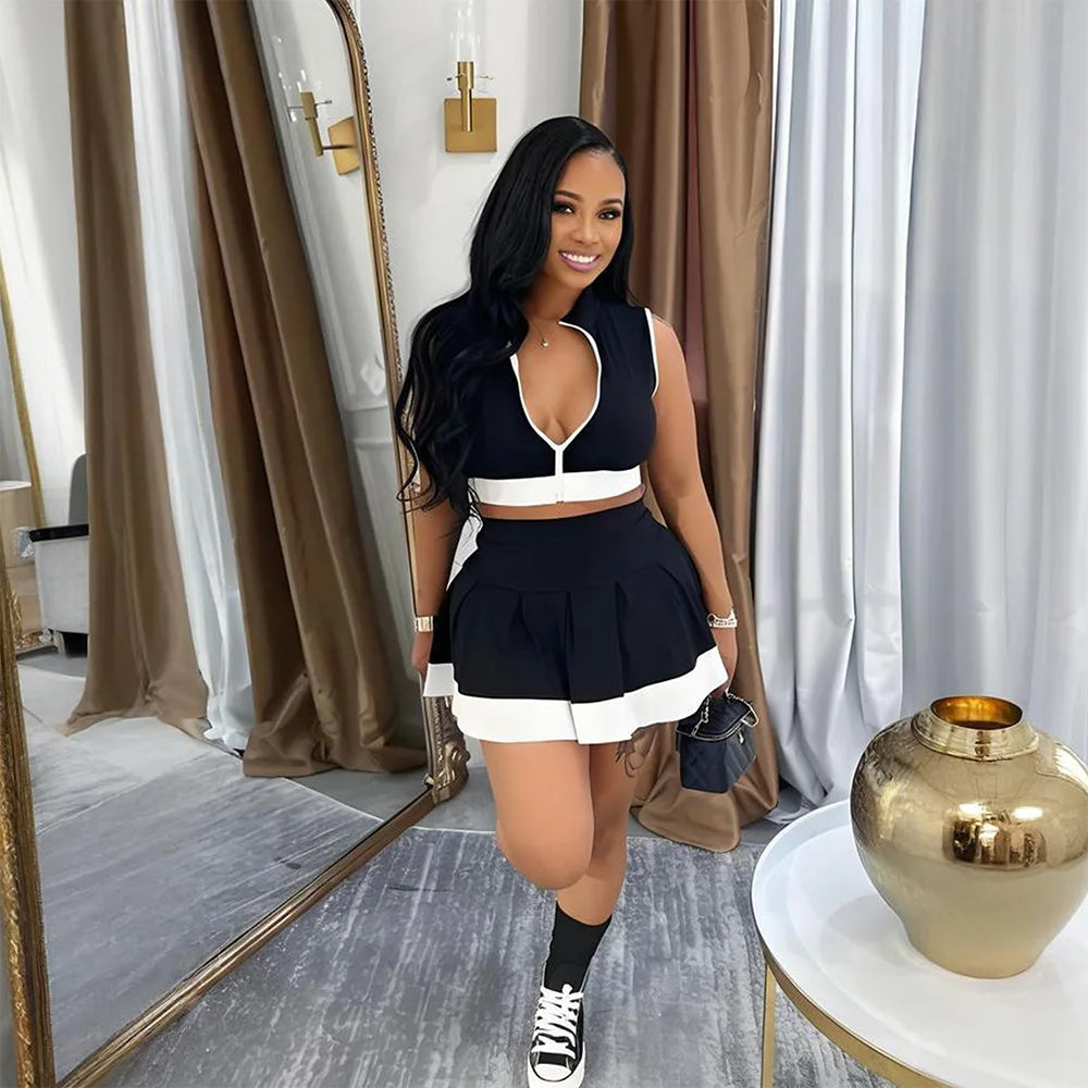 Sleeveless V-neck Vest + Pleated Skirts 2025 Summer Cute Street Beach Two 2 Piece Sets Outfits Tracksuit