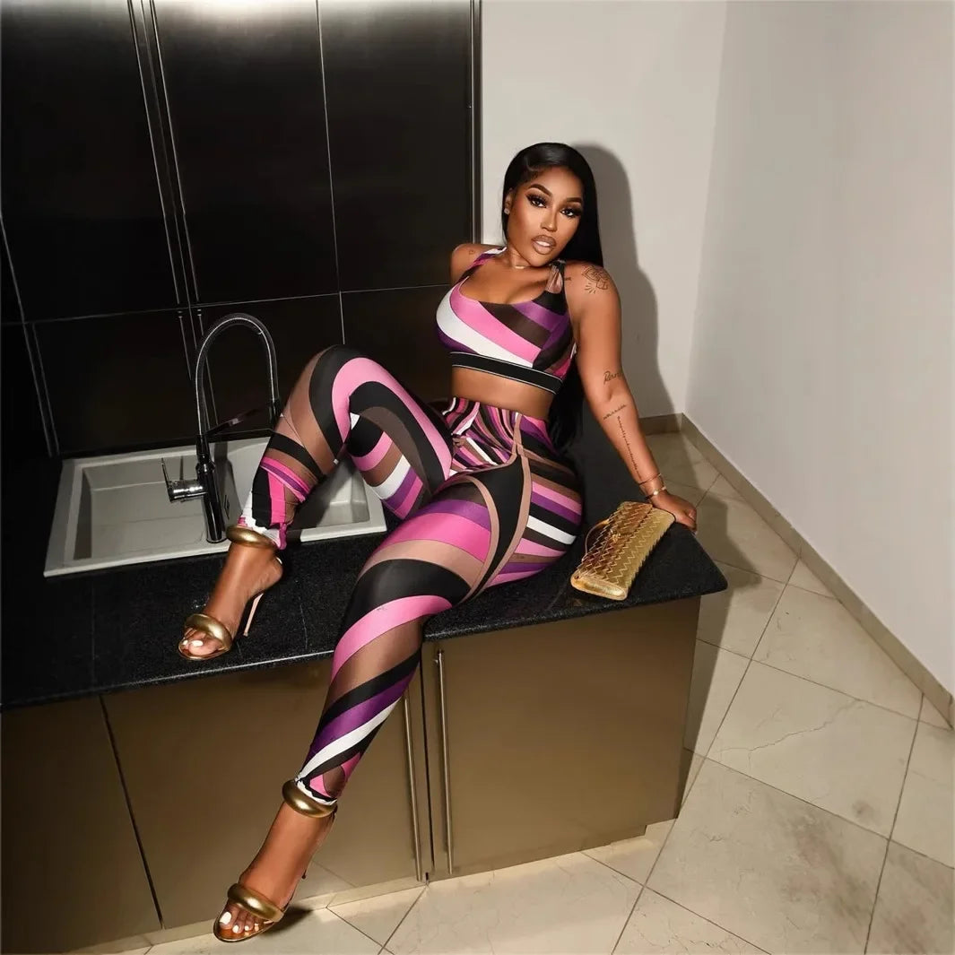 Sexy Color Block Print Top Vest Pants Set Fashionable Contrast Pattern Women's Clothing