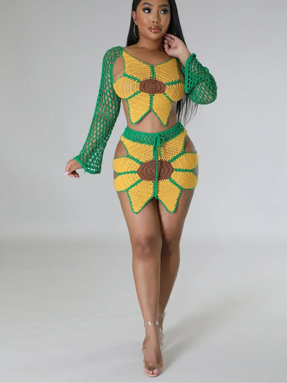 Crochet Sunflower Women Two 2 Piece Set Outfits Crop Top and Midi Mini Skirt Suit 2025