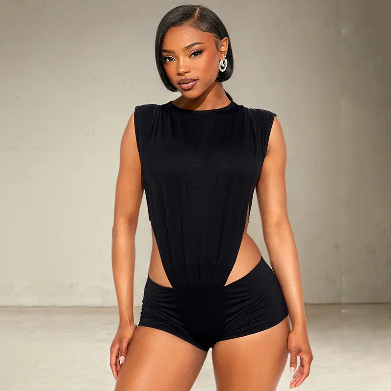 2 Piece Set Women Sleeveless Hollow Out Bodysuit Tops and Shorts Stretch Midnight Matching Clubwear Casual Shorts Suits