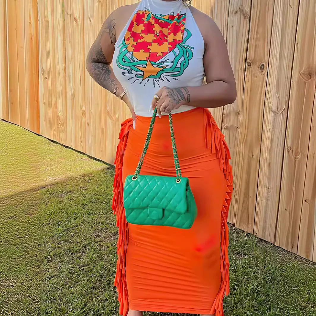 Two Piece Halter Lace-up Top and High Waist Tassels Skirt