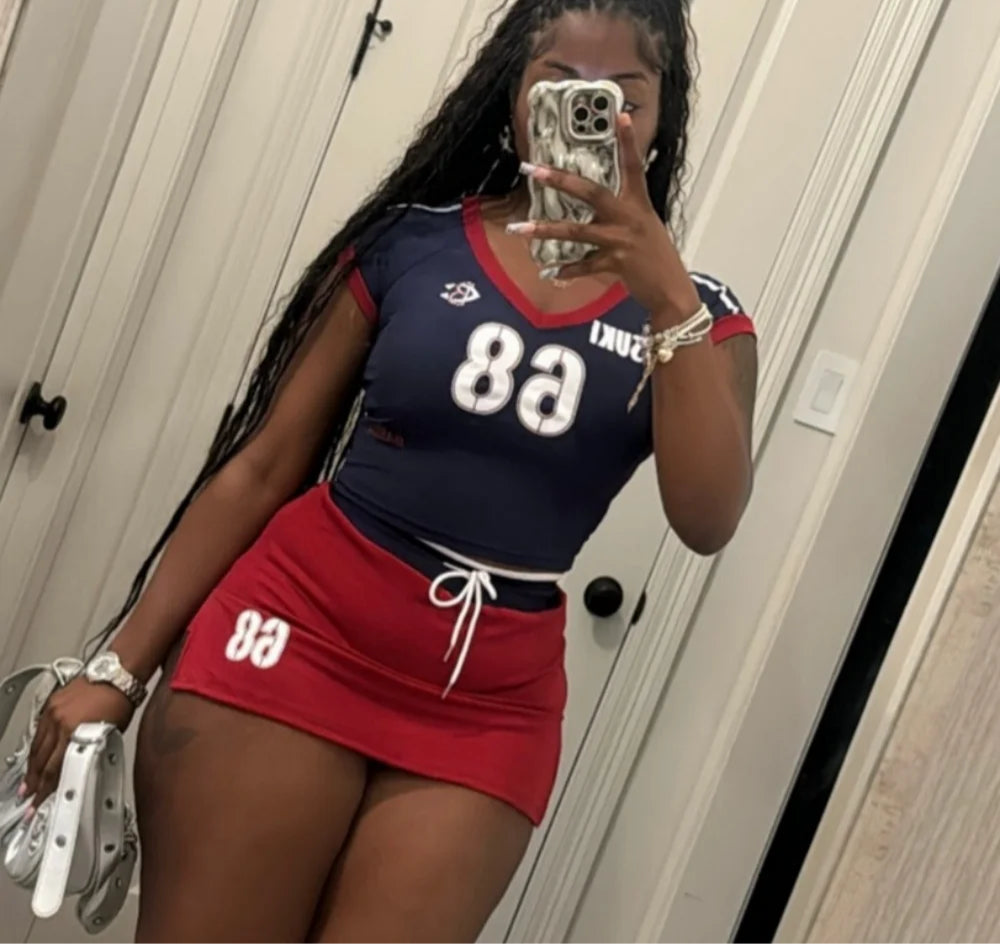 Fashion V Neck Crop Tops And Drawstring High Waist Skirt Hot Girl Streetwear