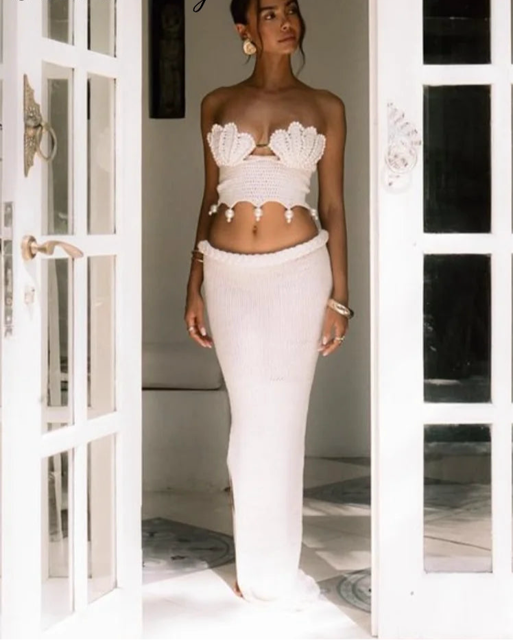 Sexy Crochet Hollow Out Pearl Skirt Set Women Solid Crop Bikini Tops Slim Hip Package Skirts 2025 Summer Lady Beach Outfits New