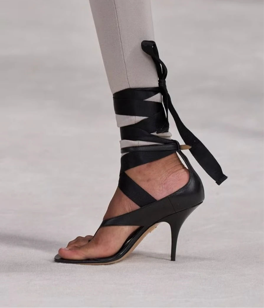 Women's Ribbon Lace Up Runway Catwalk Shoes 2025 Summer Spring Cross-tied Modern Sandals