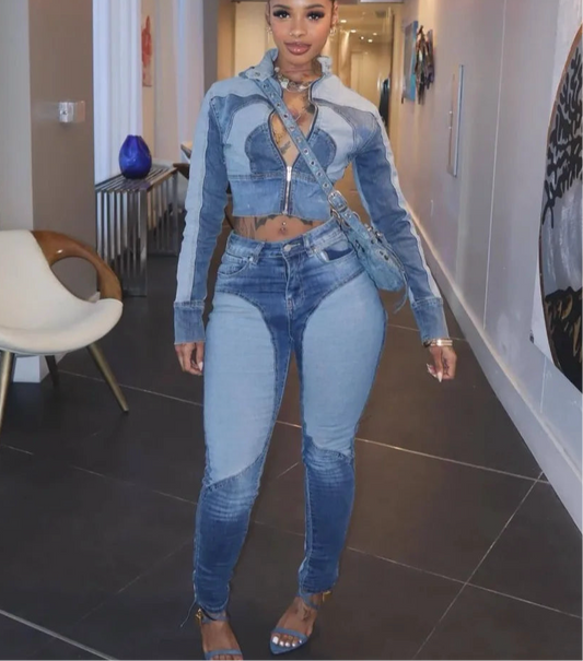 Spoken Dreams: Denim Long Sleeve Crop Jacket + Pants two piece set