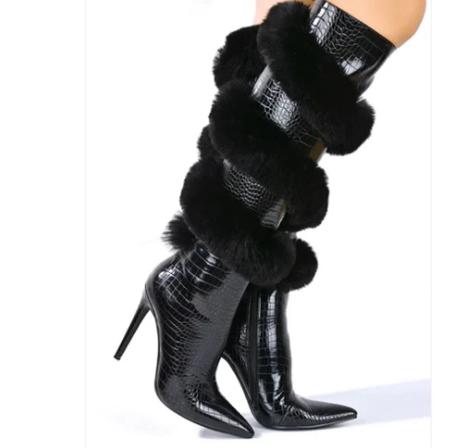 Spoken Dreams: Cross Furry Alligator High Heel Boots