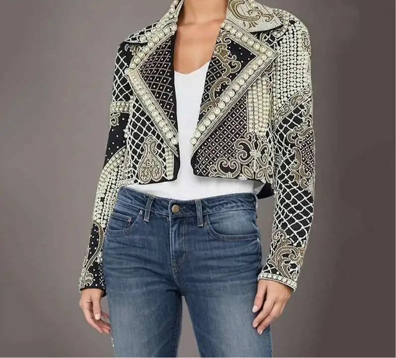 Spoken Dreams: Embroidery Diamond Short Lapel Long Sleeves Jackets