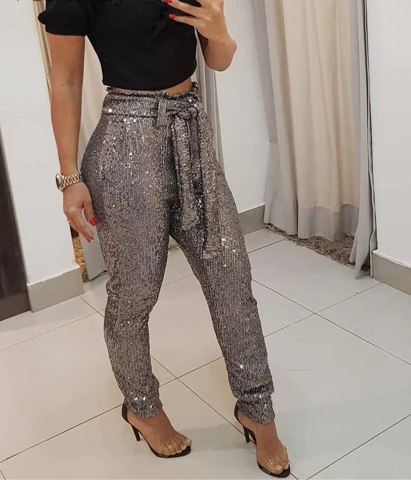 Spoken Dreams: Women Sequined Wrap Waist Long Pencil Pants