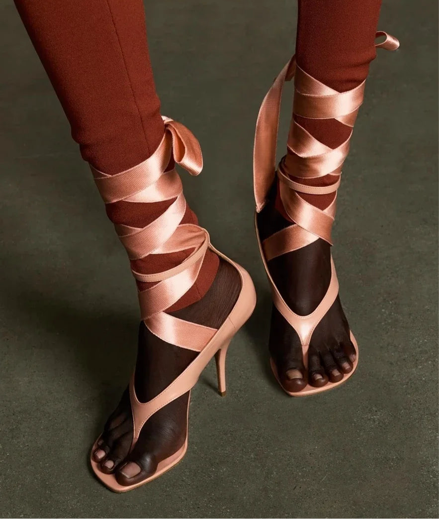 Women's Ribbon Lace Up Runway Catwalk Shoes 2025 Summer Spring Cross-tied Modern Sandals
