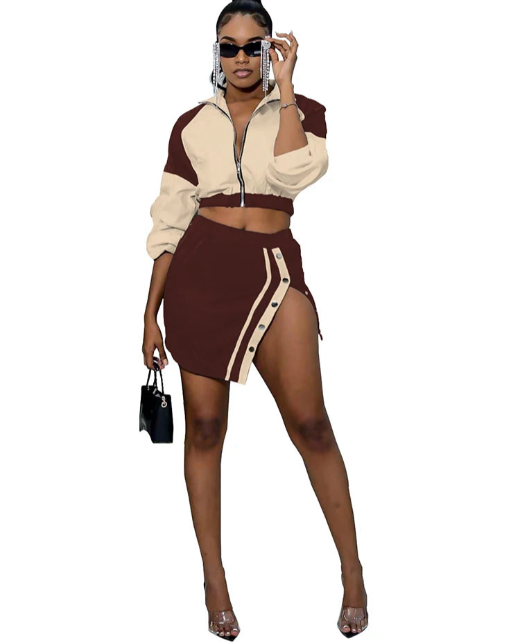 Women Party Night Club Cropped Bomber Jacket Top and Side Slit Dress Outfit