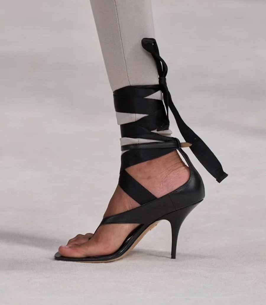 Women's Ribbon Lace Up Runway Catwalk Shoes 2025 Summer Spring Cross-tied Modern Sandals
