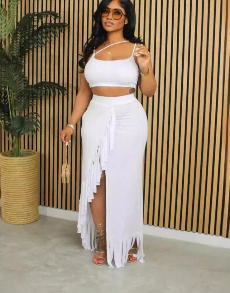 Sexy Strap Crop Top and Tassel Long Skirt Sets