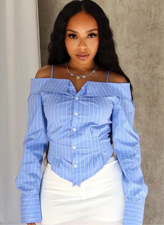 Spoken Dreams: Women Striped Print Blue Blouses
