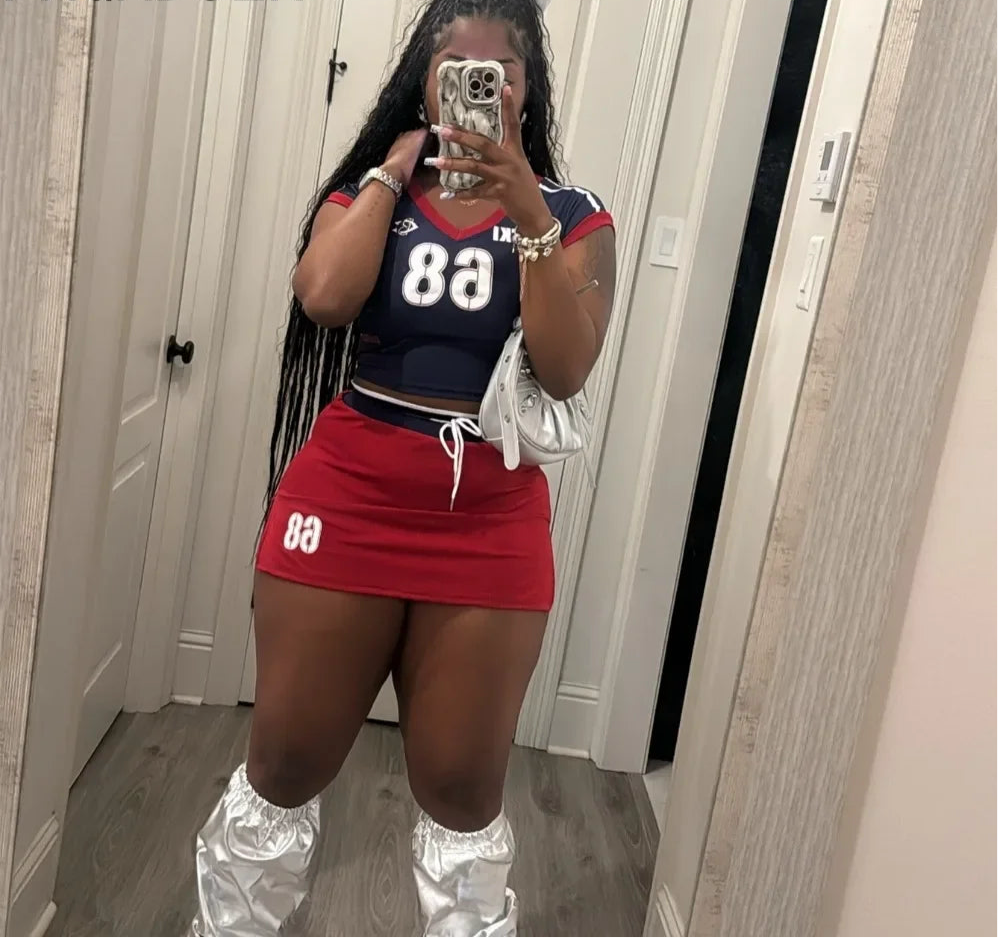 Fashion V Neck Crop Tops And Drawstring High Waist Skirt Hot Girl Streetwear