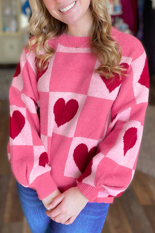Spoken Dreams: Pink Love Heart Checkered Valentine Crew Neck Sweater