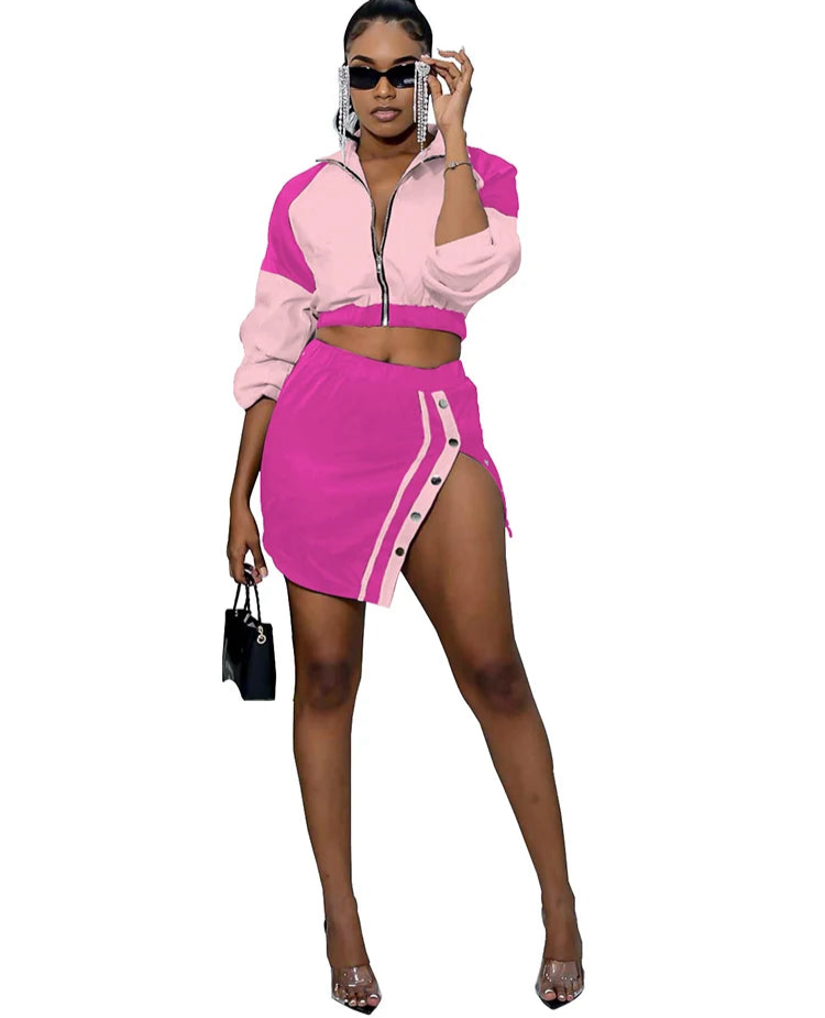 Women Party Night Club Cropped Bomber Jacket Top and Side Slit Dress Outfit