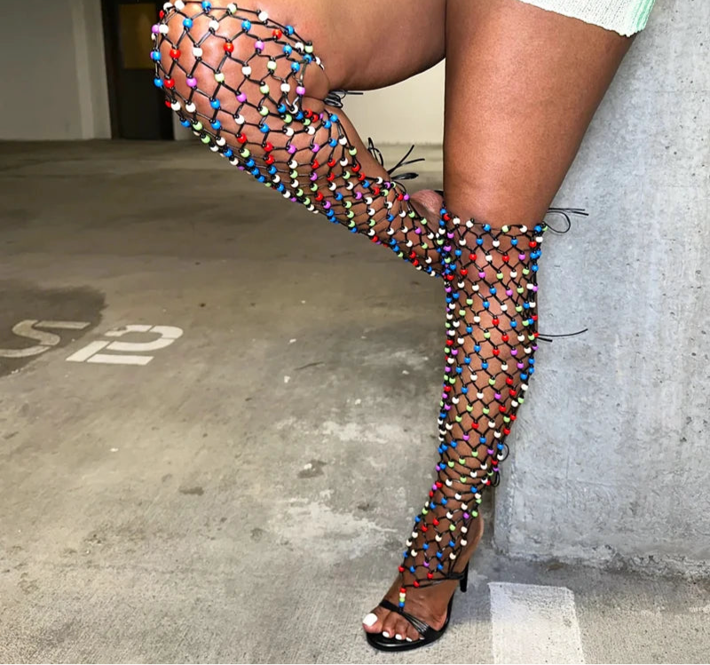 Colourful Beaded Straps Sexy Gladiator Over The Knee Boots