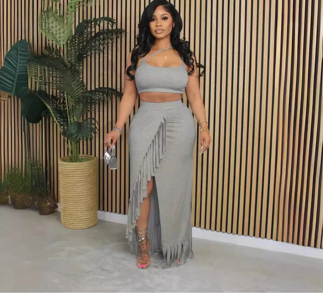 Sexy Strap Crop Top and Tassel Long Skirt Sets