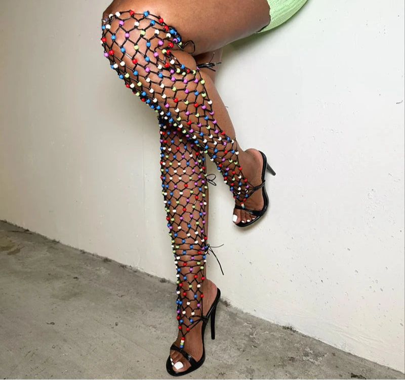 Colourful Beaded Straps Sexy Gladiator Over The Knee Boots