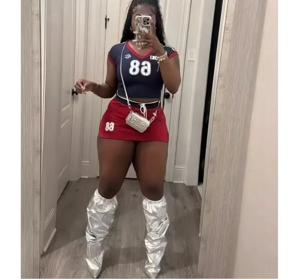 Fashion V Neck Crop Tops And Drawstring High Waist Skirt Hot Girl Streetwear