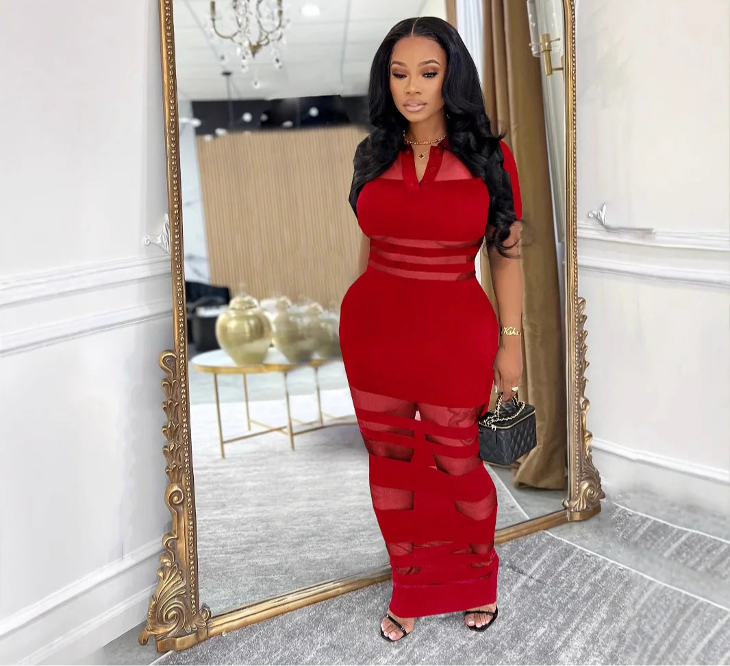 Women mesh see though patchwork polo-collar Bodycon Midi Maxi Long Dress