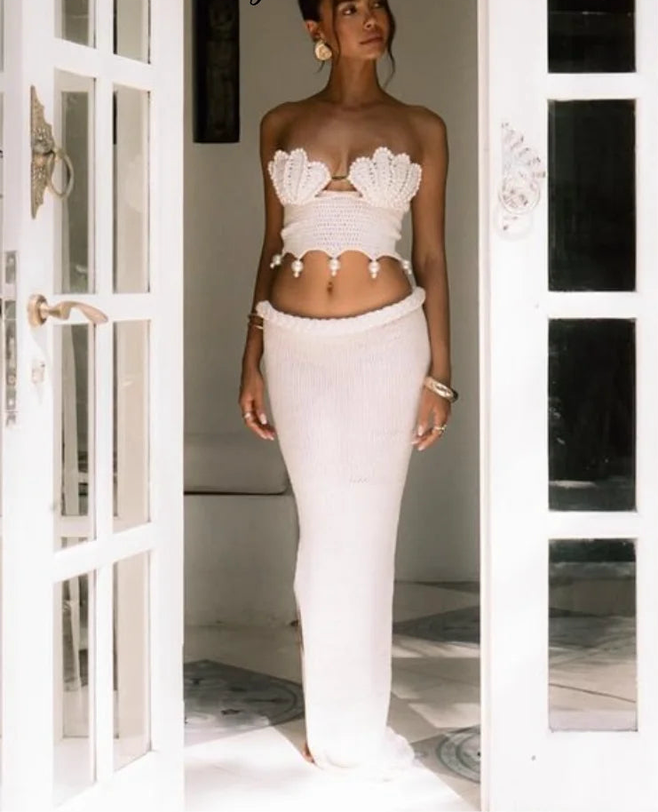Sexy Crochet Hollow Out Pearl Skirt Set Women Solid Crop Bikini Tops Slim Hip Package Skirts 2025 Summer Lady Beach Outfits New