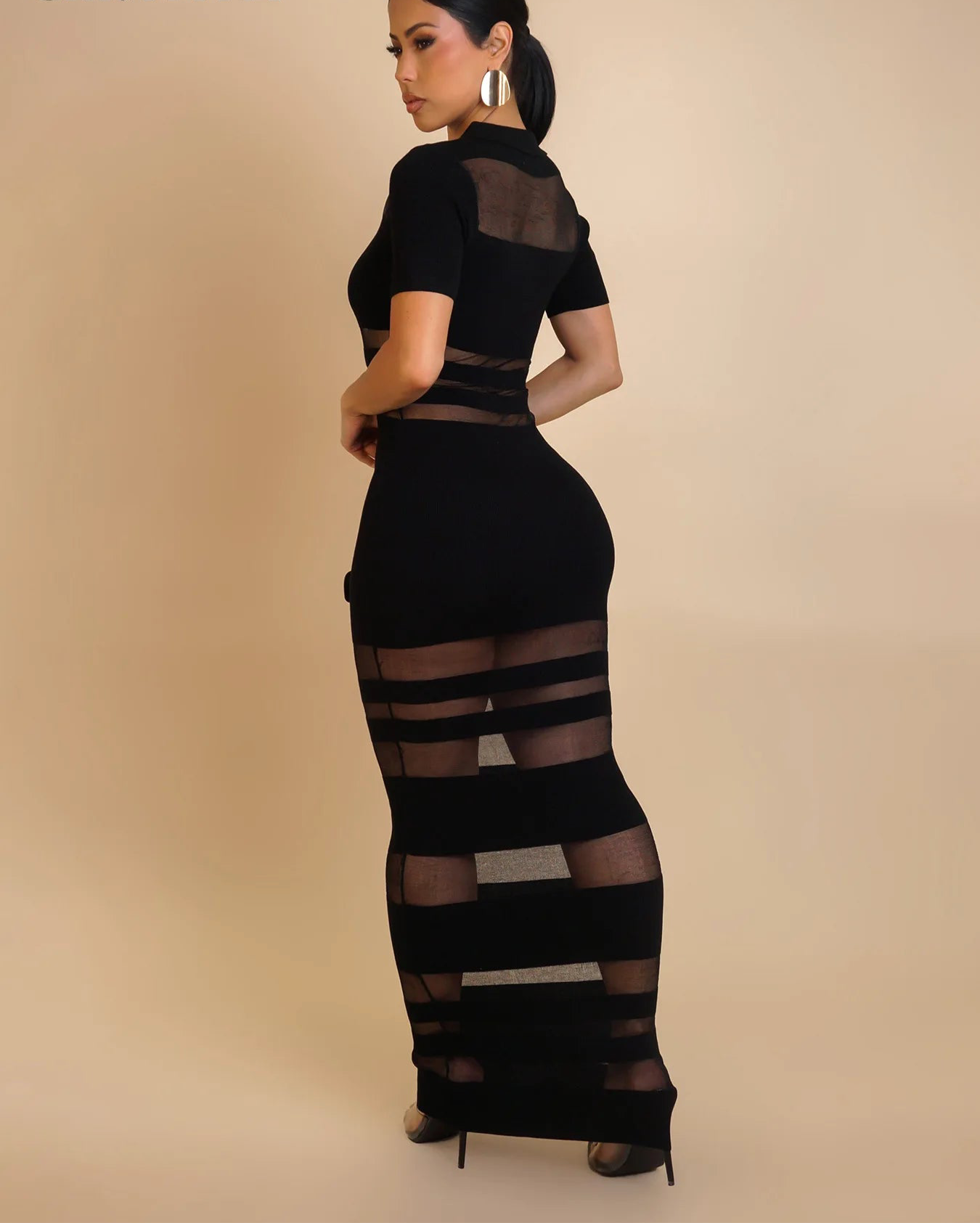 Women mesh see though patchwork polo-collar Bodycon Midi Maxi Long Dress