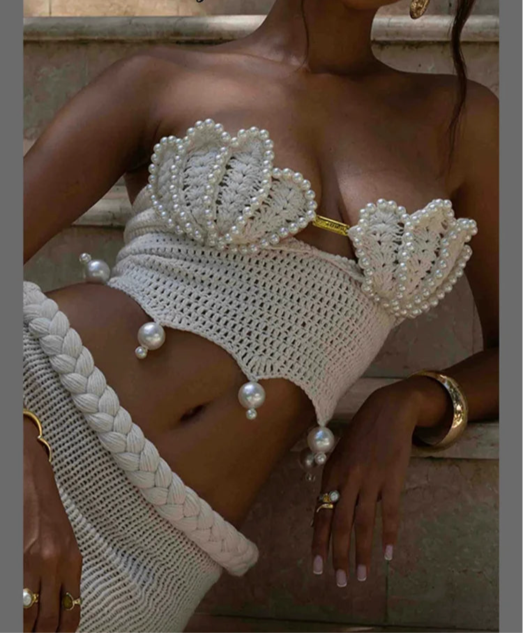 Sexy Crochet Hollow Out Pearl Skirt Set Women Solid Crop Bikini Tops Slim Hip Package Skirts 2025 Summer Lady Beach Outfits New
