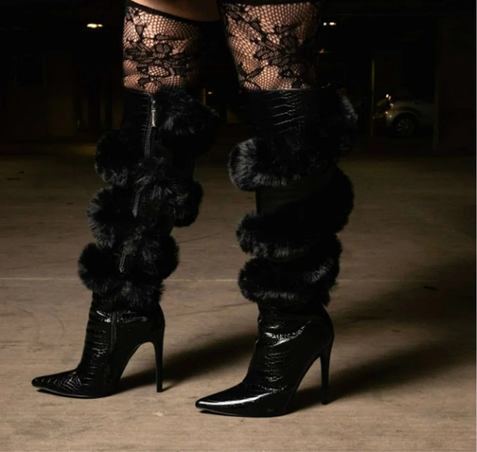 Spoken Dreams: Cross Furry Alligator High Heel Boots