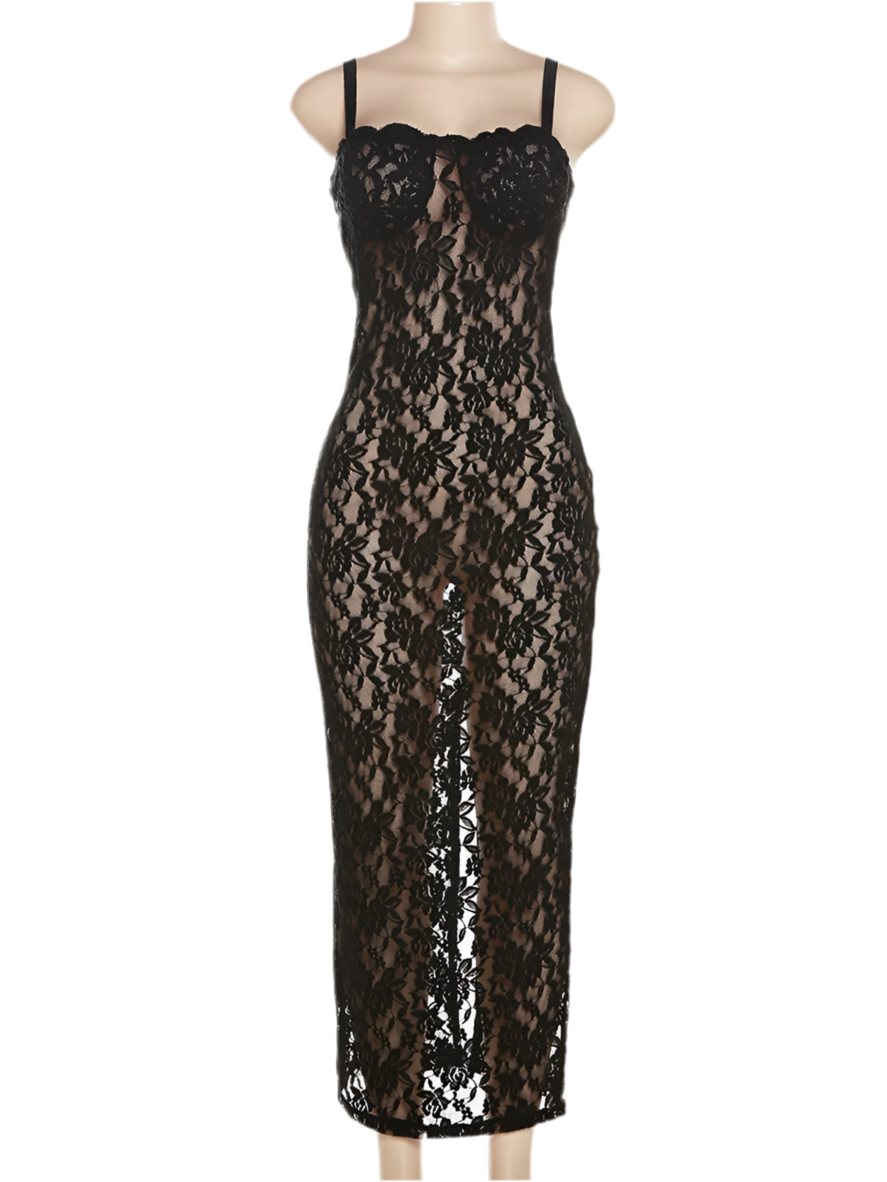 Lace Black Women Maxi Dress See Through Sleeveless Ladies Sexy Coquette Nightclub Party Bodycon Slim Fit Vestidos