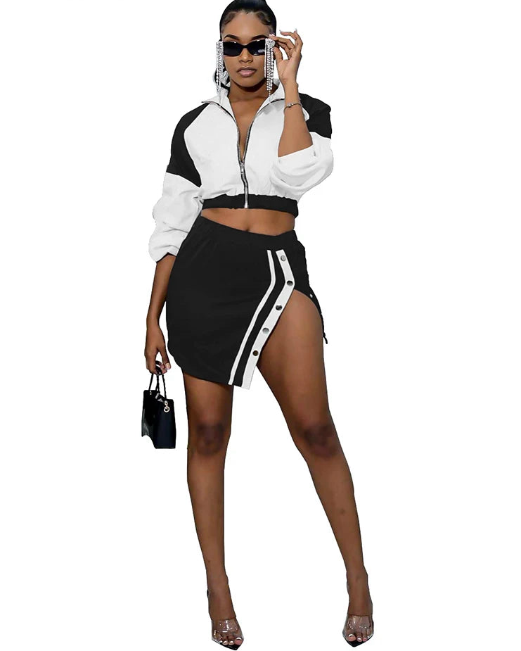 Women Party Night Club Cropped Bomber Jacket Top and Side Slit Dress Outfit
