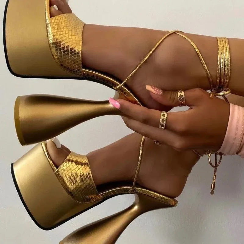 Size 35-42 Pole Dance Strappy Sandalias Con Tacon Strange Lace up 2025 Sandals Platform Heels for Women
