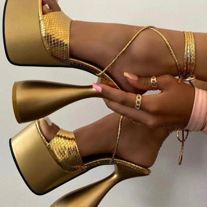 Size 35-42 Pole Dance Strappy Sandalias Con Tacon Strange Lace up 2025 Sandals Platform Heels for Women