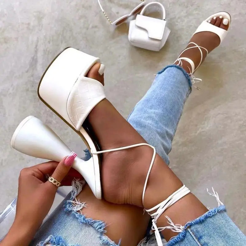 Size 35-42 Pole Dance Strappy Sandalias Con Tacon Strange Lace up 2025 Sandals Platform Heels for Women