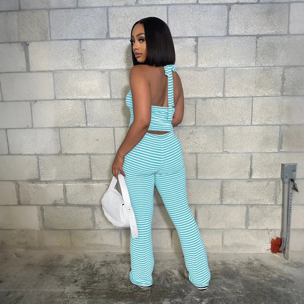 Fashion Women's Set Strapless Halter Striped Top + Pants Suit 2025