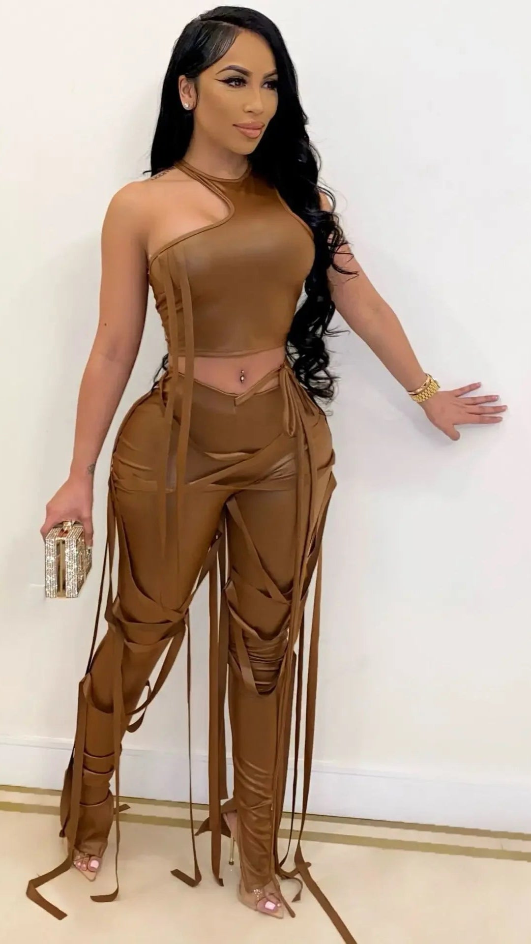 Faux Leather Women's Set Drawstring Lace Up Slit Leggings Pants Suit and Crop Top Street Tracksuit Two Piece Set Outfit