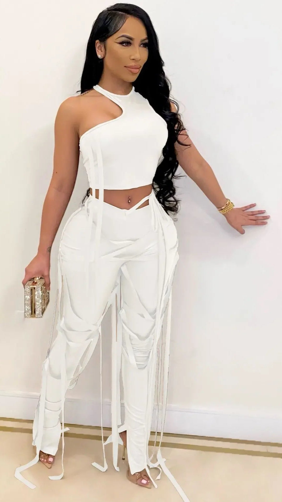 Faux Leather Women's Set Drawstring Lace Up Slit Leggings Pants Suit and Crop Top Street Tracksuit Two Piece Set Outfit