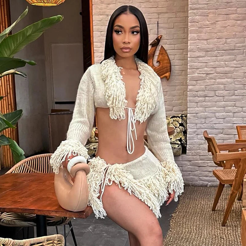 New French Knit Sexy Set Tie Cardigan Long Sleeve Navel Top + Fashion Sexy Mini Skirt Set For Y2K Hottie Girl Wear